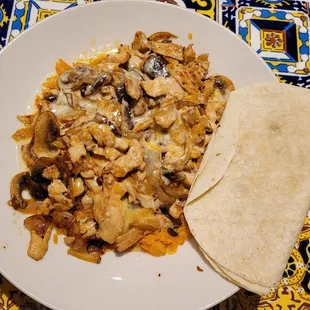 The most heavenly refried beans (with cheese) and ACP (Arroz Con Pollo)