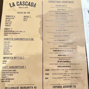 Drinks menu