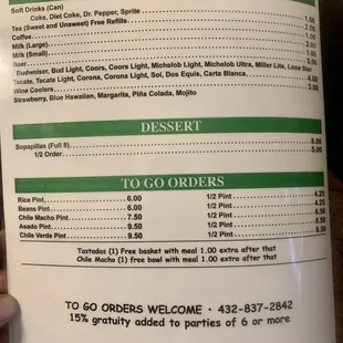 New menu, updated prices