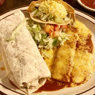 Green chili burrito, taco and Chili Relleno. Combo #3. Oh so good.
