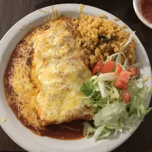 Green chili burrito enchilada style with rice