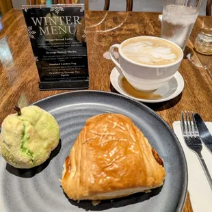 ham &amp; cheese croissant, seasonal pear pastry, and Turkish latte