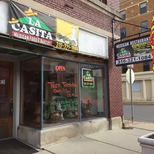 the entrance to a restaurant