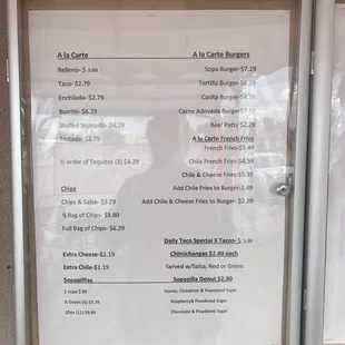 menu and prices