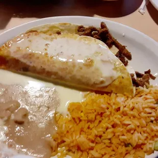 Steak with Refired Beans and Rice