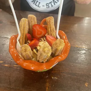 Churro ice cream. We got vanilla instead of strawberry ice cream