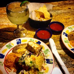 Combo with steak taco, ground beef taco, and flauta. Half off margaritas after 9pm.