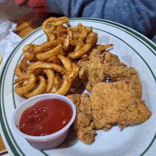 Kids fried chicken with curly fries.