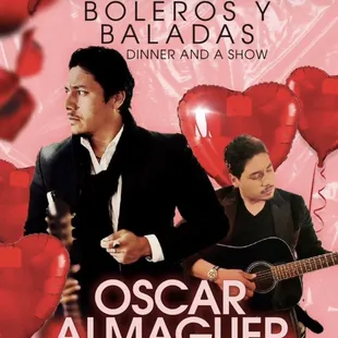 Valentines Dinner with Live music Boleros y Baladas Valentine's Day 6pm-9 pm bring your love one ... February 14, 2023