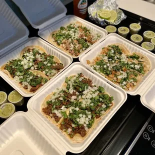 Tacos - steak (left), carnitas (right, top), and chicken (right, bottom)