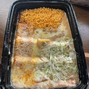Enchilada and chili relleno combo with rice and beans