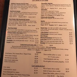 the menu for the restaurant