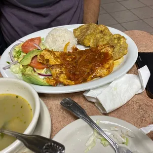 Plantain soup and grilled chicken platter