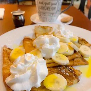 I love Sunday mornings here! Banana &amp; Rompope Crepes! Big ol mug of Cafe de Olla!