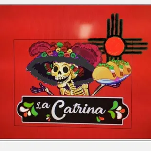 a skeleton holding a plate of food