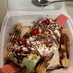 Churros Split  Pistachio and coconut ice cream