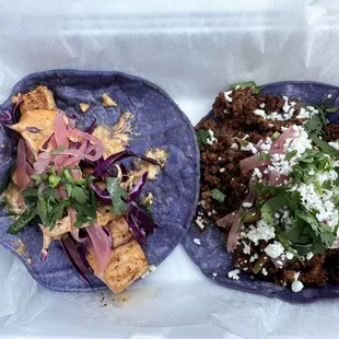 Salmon taco and chorizo taco