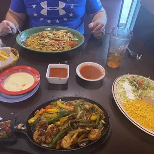 Cheese dip, salsa, chips, shrimp fajitas and ACP