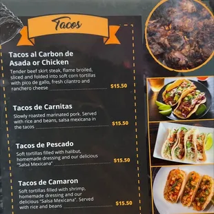 a menu for tacoss at a mexican restaurant