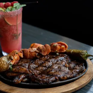 a plate of food and a drink