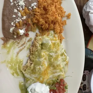 Awesome chicken enchiladas Verde. It has a very nice spice to it.