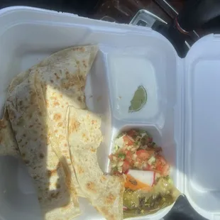 15.00 Chicken quesadilla no chips no drink .