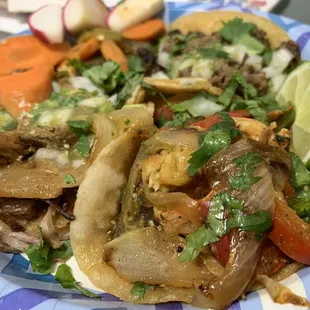 Shrimp, cabeza, and carnitas tacos