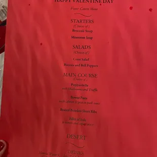 a menu for valentine's day