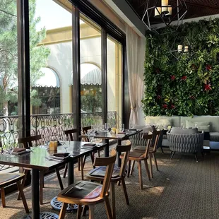 a dining room with a view