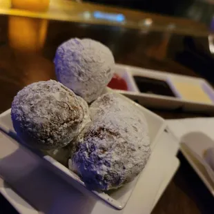 Beignets with Raspberry, Chocolate, and Creme Anglais dipping sauces