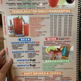 Drink menu Dash margaritas, beer, wine, soft drinks, juices