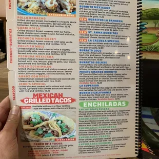 Grilled chicken plates, tacos, street tacos, burritos, enchiladas