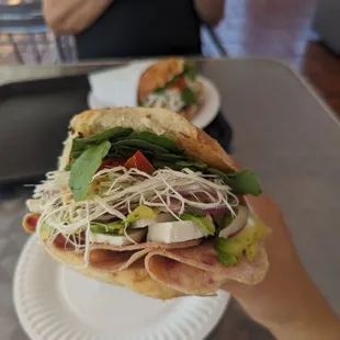 a person holding a sandwich