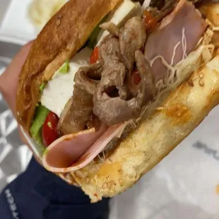 a person holding a sandwich