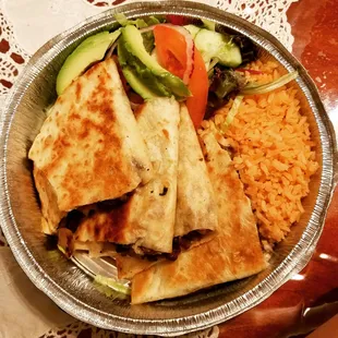 Chicken Quesadilla with Rice and Salad