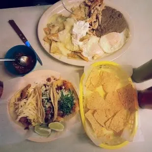 Chilaquiles and tacos de pastor.