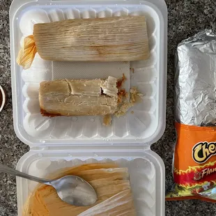 chicken tamale and hot cheeto burrito