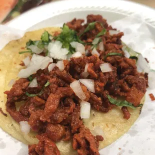 a taco with meat and onions