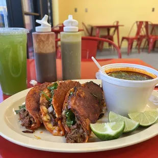 Quesabirria and consome with cucumber-lime juice