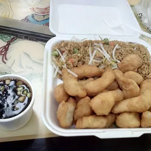 Sweet and Sour Chicken with General Tso's sauce. Worth the upcharge!