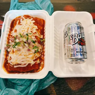 Wet burrito. My own root beer for size comparison.