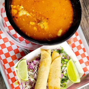 Pozole with potatoe taquitos