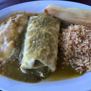 Combo #7 One "hot" tamale, one chorizo enchilada (hot) and one"hot" pork burrito (reg.size)