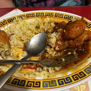 Orange chicken, fried rice and egg roll