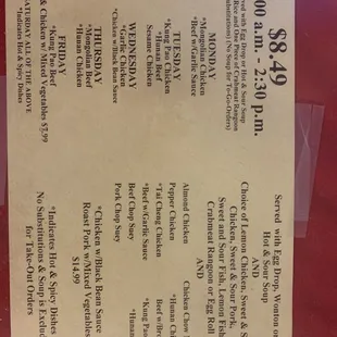 Lunch specials on the table