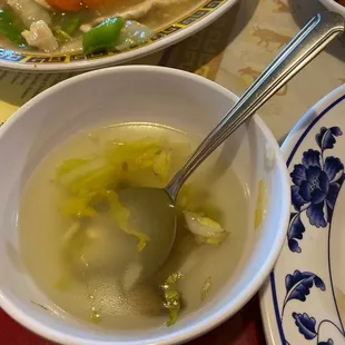 Wonton soup with water chestnuts and Napa cabbage, it also came with 2 huge wontons but we ate them already