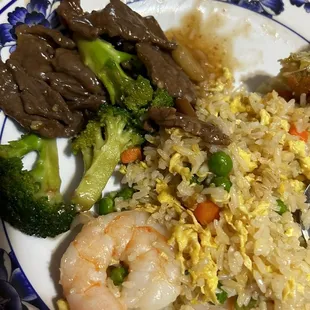 Beef and broccoli, shrimp fried rice