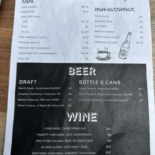 Beverage menu