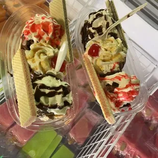 Banana splits came with wafers! One chocolate and one strawberry