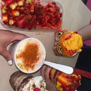 Corn in a cup, 2scoop sundae, Mangonada, Hotcheetos &amp; cheese, fruta Cheetos
